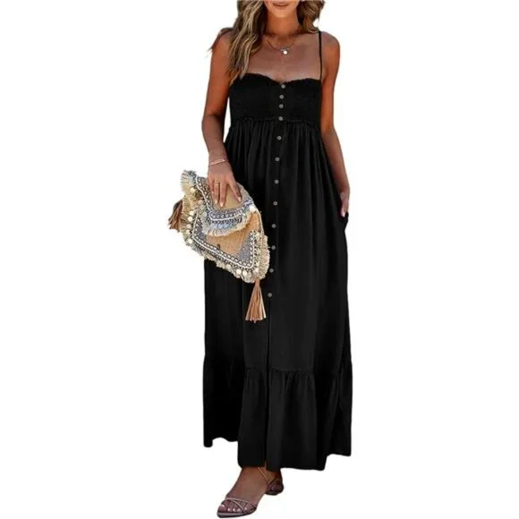 knee length dresses for ladies Black Maxi Dress with Pockets